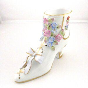 Porcelain Boot High Heel Vase With Gold Trim & Floral Design By Enesco Victorian
